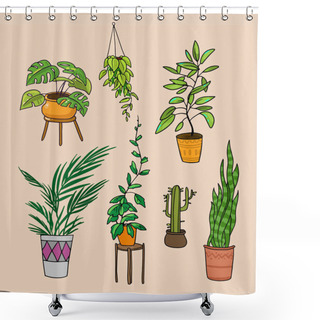 Personality  Home Plants Illustration. Vector Cartoon Style. Shower Curtains
