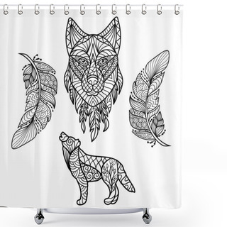 Personality  Vector Abstract Wolf, Wolf Head And Feathers In Ethnic Style With Patterns, Coloring Page For Kids And Adults, Zenart Shower Curtains