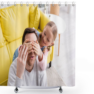 Personality  Cheerful Girl Covering Eyes Of Father While Playing Guess Who Game Shower Curtains