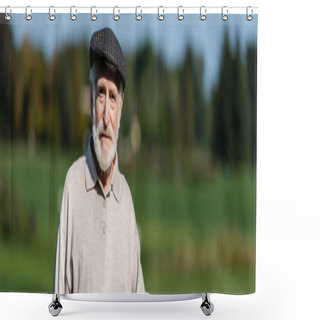 Personality  Senior Man In Flat Cap Looking At Camera, Banner Shower Curtains