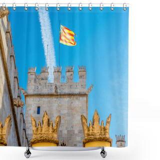 Personality  Valencia, Valencia - Spain - 09-08-2021: Flag Of Valencia Waves Above The Lonja De La Seda, A UNESCO World Heritage Gothic Monument Shower Curtains
