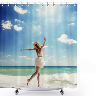 Personality  Young Redhead Girl Jumping At The Beach. Shower Curtains