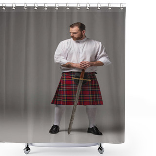 Personality  Scottish Redhead Man In Red Kilt With Sword On Grey Background Shower Curtains