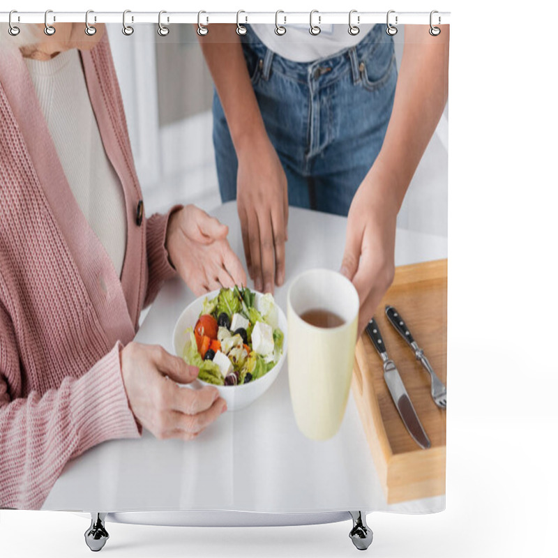 Personality  Cropped View Of Multiracial Social Worker Serving Lunch Near Senior Woman  Shower Curtains