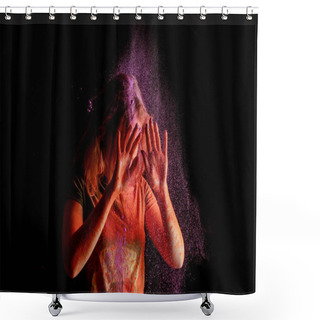 Personality  Woman Covering Face From Violet Colorful Holi Paint Cloud On Black Background Shower Curtains