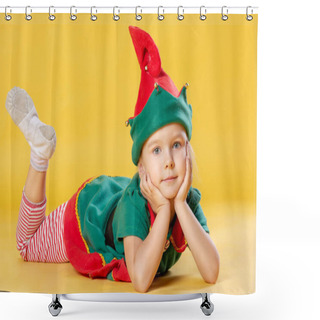 Personality  Little Girl In Christmas Elf Costume On Yellow Background Shower Curtains