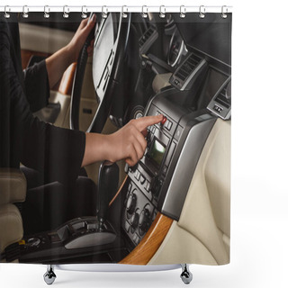 Personality  Cropped Shot Of Woman Turning On Hazards While Driving New Car Shower Curtains