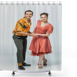 Personality  Elegant Dancers Holding Hands While Dancing Boogie-woogie On Grey Background Shower Curtains