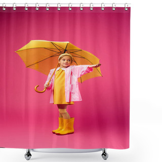 Personality  Full Length Of Girl In Raincoat And Rubber Boots Standing Under Yellow Umbrella On Crimson Shower Curtains