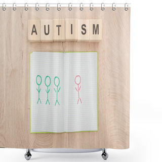 Personality  Top View Of Opened Notebook With Drawn Different Humans Near Wooden Cubes With Autism Lettering Shower Curtains
