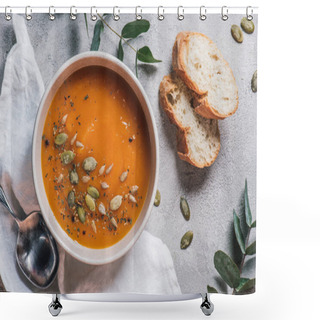 Personality  Top View Of Bowl With Pumpkin Cream Soup With Seeds And Bread On Table  Shower Curtains