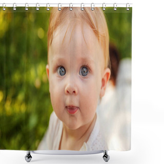 Personality  Sweet Happy Little Baby Girl Sitting On Grass In Park, Garden, Meadow Shower Curtains