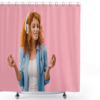 Personality  Curly Woman Listening Music In Headphones, Isolated On Pink Shower Curtains