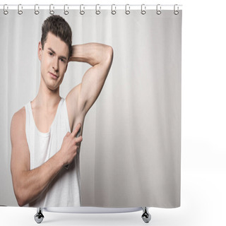 Personality  Handsome Man In White Sleeveless Shirt Applying Deodorant On Underarm And Smiling At Camera On Grey Background Shower Curtains