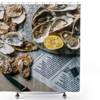 Personality  Flat Lay With Oysters, Lemon And Knife On Newspaper On Grey Surface Shower Curtains
