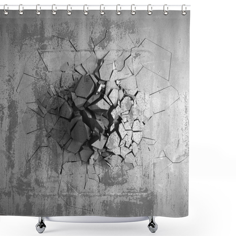 Personality  Dark cracked broken hole in concrete wall. Grunge background. 3d render illustration shower curtains