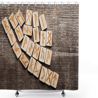 Personality  Top View Of Ethnic Runes On Wooden Surface With Copy Space Shower Curtains