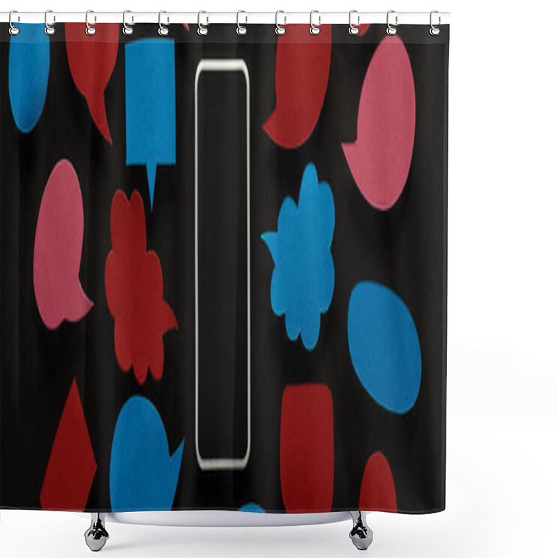 Personality  Panoramic Shot Of Smartphone With Blank Screen On Black Background With Empty Red And Blue Speech Bubbles, Cyberbullying Concept Shower Curtains