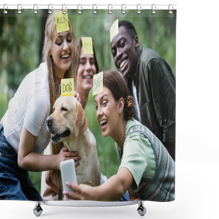 Personality  Positive Multiethnic Teenagers Taking Selfie While Playing Who I Am Near Retriever In Park  Shower Curtains