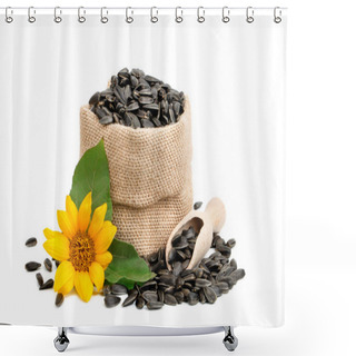 Personality  Beautiful Flower Of A Sunflower And Roasted Sunflower Seeds On A White Background. Shower Curtains