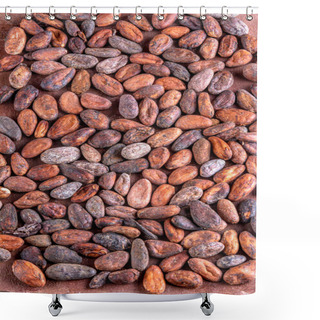 Personality  Toasted Cocoa Beans Spread On A Brown Background. Studio Photograph, Still Life. Shower Curtains