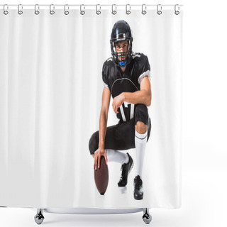 Personality  American Football Player In Helmet With Ball Isolated On White With Copy Space Shower Curtains