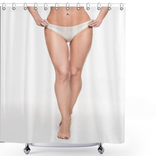 Personality  Partial View Of Young Woman With Slim Legs Walking On Tiptoes With Hands On Hips On White Shower Curtains