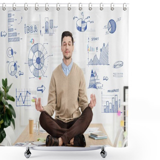 Personality  Relaxed Businessman With Eyes Closed Sitting In Lotus Position On Table In Office With Business Graphs Around Shower Curtains