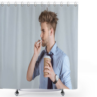 Personality  Tired Businessman Holding Paper Cup And Smoking Cigarette Isolated On Grey  Shower Curtains