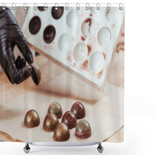 Personality  Cropped View Of Chocolatier Holding Milk Chocolate Candy  Shower Curtains