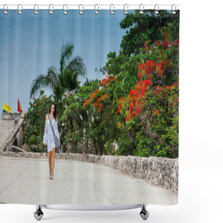Personality  Beautiful Woman On White Dress Walking Alone At The Walls Surrounding The Colonial City Of Cartagena De Indias Shower Curtains