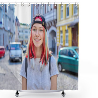 Personality  Portrait Of Fashionable Hipster Teenage Girl With Colored Dyed Hair In Black Cap Shower Curtains