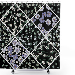 Personality  Seamless Colorful Pattern With Leaves And Bellflowers, Violet Leaves, Violaceous Flowers And Small White Simple Flowers On A Black Background In Patchwork Style, Textile Print Shower Curtains