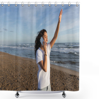 Personality  Excited Woman In White T-shirt Talking On Smartphone And Waving Hand On Beach In Barcelona  Shower Curtains