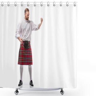 Personality  Serious Scottish Redhead Man In Red Kilt On White Background Shower Curtains