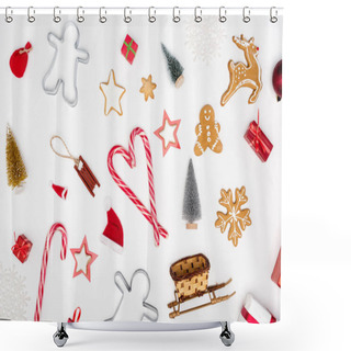 Personality  Top View Of Candy Canes And Different Cookies Near Christmas Baubles On White Background Shower Curtains
