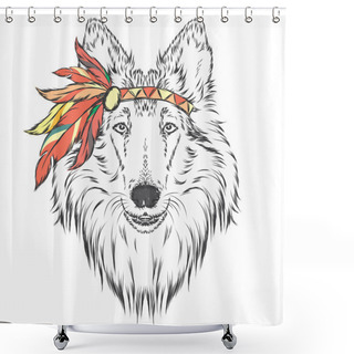 Personality  Dog In The Indian Dressing With Feathers . The Leader Of The Tribe. Vector Illustration For Greeting Cards , Posters Or Prints On Clothes And Accessories . Collie. Shower Curtains