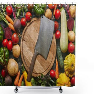 Personality  Metal Cleaver On Cutting Board With Colorful Vegetables On Dark Wooden Table Shower Curtains