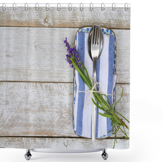 Personality  Silver Cutlery And A Blue White Napkin Kitchen Towel With Lavender Decoration And Empty Copy Space In Rustic Vintage Country Style Shower Curtains