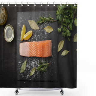 Personality  Piece Of Salmon With Salt On Black Table With Lemon And Herbs Shower Curtains