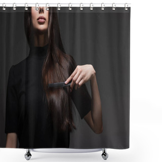 Personality  Cropped View Of Young Woman Brushing Long Shiny Hair With Comb Isolated On Dark Grey Shower Curtains