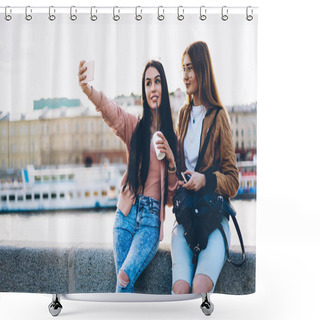 Personality  Two Beautiful Travellers In Stylish Casual Outfit Making Selfies Photos On Modern Telephone Standing Wit Coffee And Backpack On City Promotional Background Near Publicity Area For Your Advertising Shower Curtains