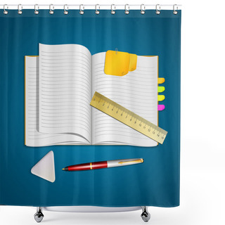 Personality  An Open Notebook With Pen, Eraser And Ruler Shower Curtains