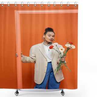 Personality  Trendy African American Woman Radiates Charm With Fashionable Outfit Holding Vibrant Flower Bouquet Shower Curtains