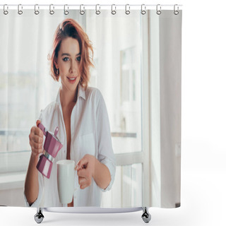 Personality  Beautiful Girl Pouring Coffee From Pot On Quarantine  Shower Curtains