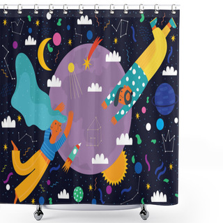 Personality  Vector Flat Cosmos Design Background. Hand-drawn Illustration With Lovers, Moon, Sun, Rocket, Planet And Comet -greeting Card Design Template Shower Curtains