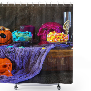 Personality  Halloween Party Table With Candy, Pumpkins And Skeleton Candles. Shower Curtains