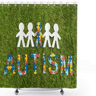 Personality  Top View Of Autism Puzzle Lettering And Special Kid Among Another On Green Background Shower Curtains