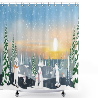 Personality  Vector Winter Landscape With Mountain Landscape Of Misty Pine Trees Forest In The Morning, Peaceful Panorama Natural With Happy Family Polar Bear And Cubs Relaxing In Evening Shower Curtains