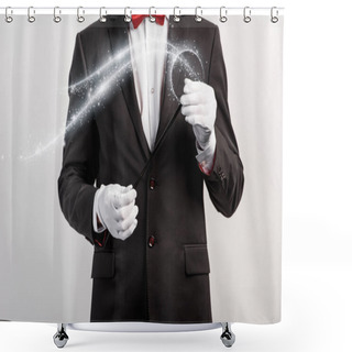 Personality  Cropped View Of Magician In Suit And Hat Holding Wand Isolated On Grey With Glowing Illustration Shower Curtains